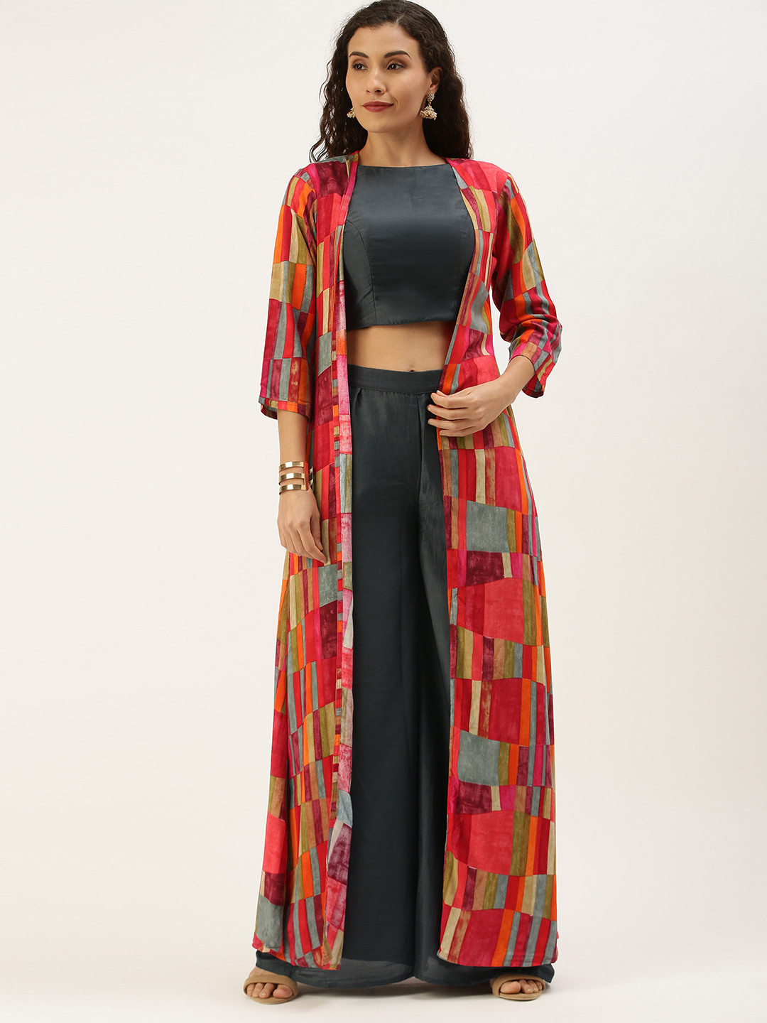 Ethnovog Women Grey Regular Top with Palazzos  Long Shrug