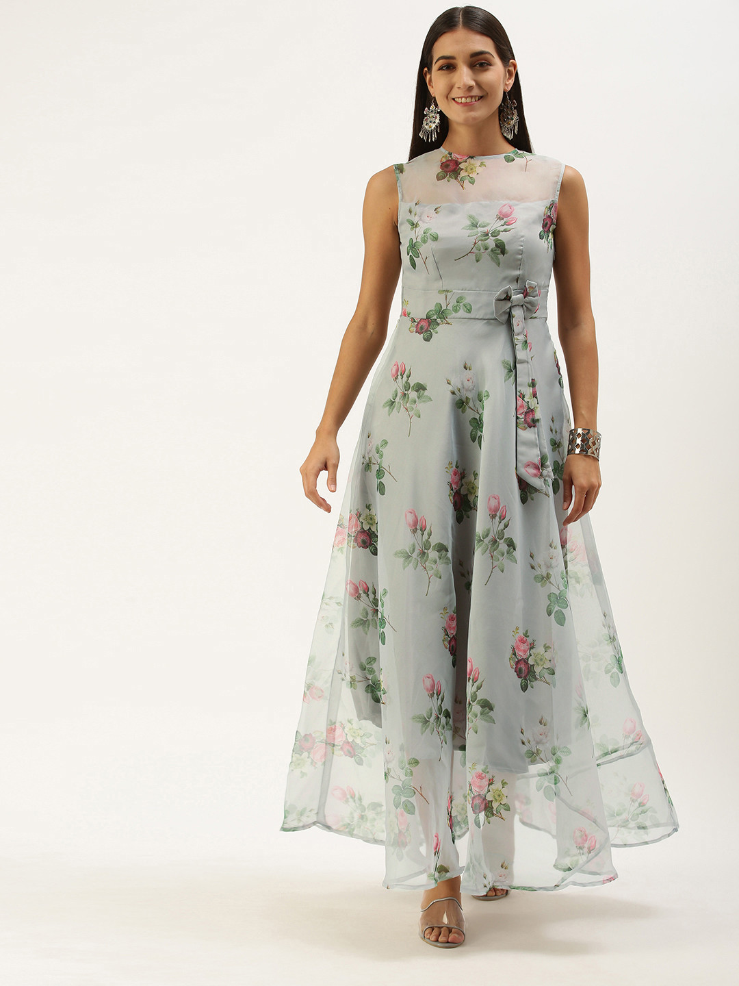 Ethnovog Grey Floral Layered Maxi Dress