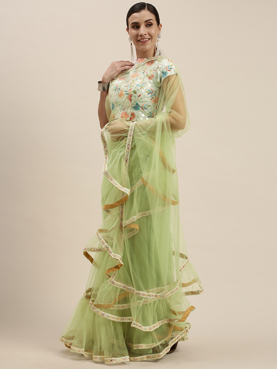 Ethnovog Green  Green Embroidered Net Ruffle Saree