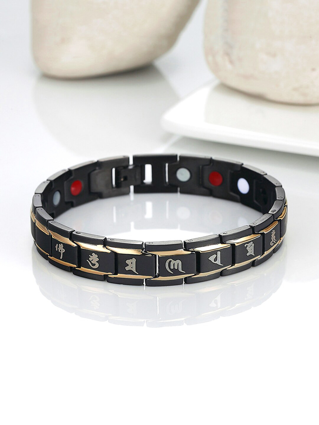 Yellow Chimes Men Black & White Printed Stainless Steel Bio Energy Link Bracelet