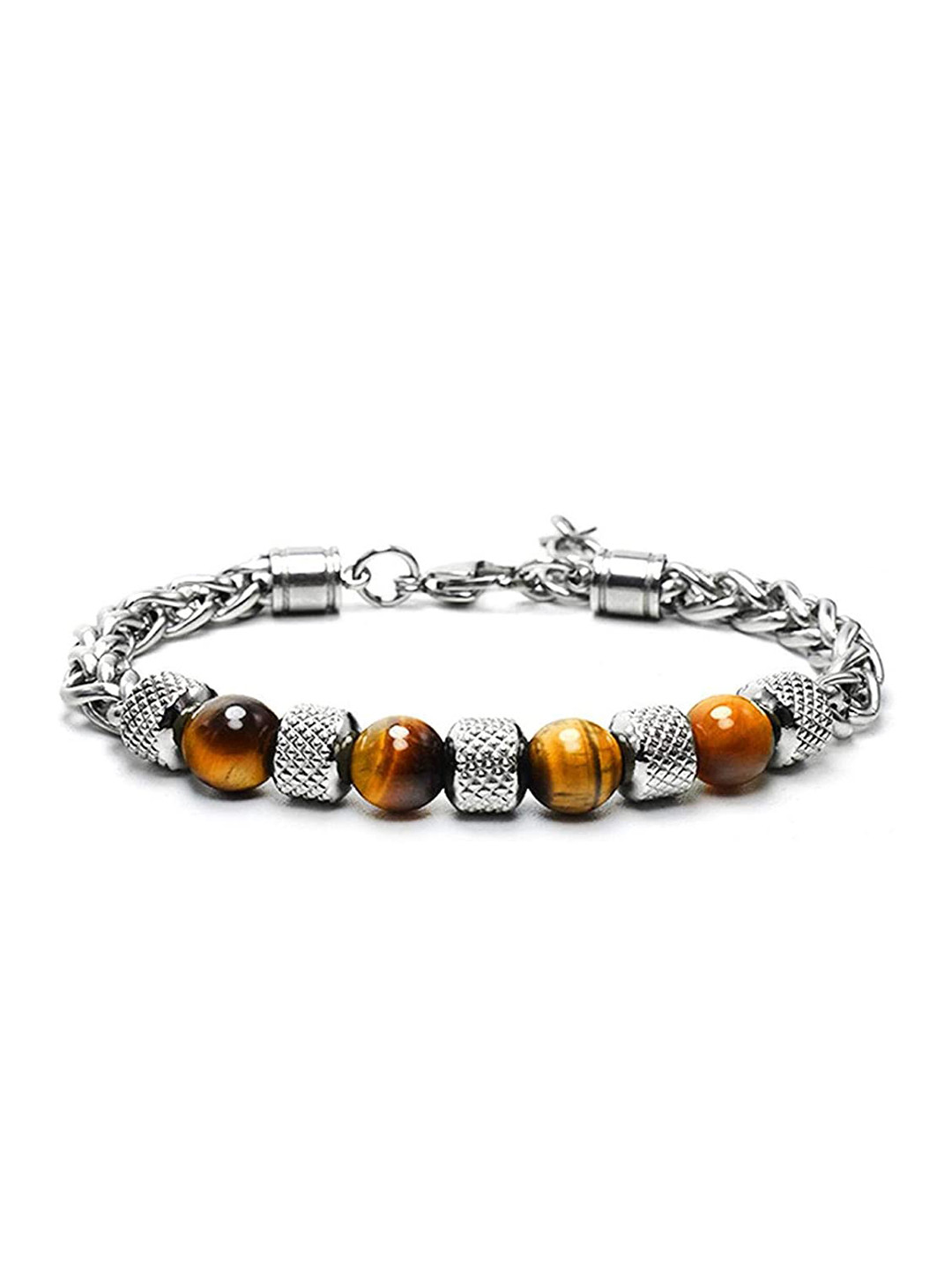Yellow Chimes Men Silver -Toned Stainless Steel Tiger Eye Stones Bracelet