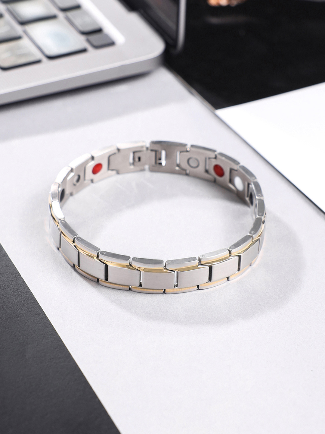 Yellow Chimes Men Silver & Gold-Toned Link Bracelet