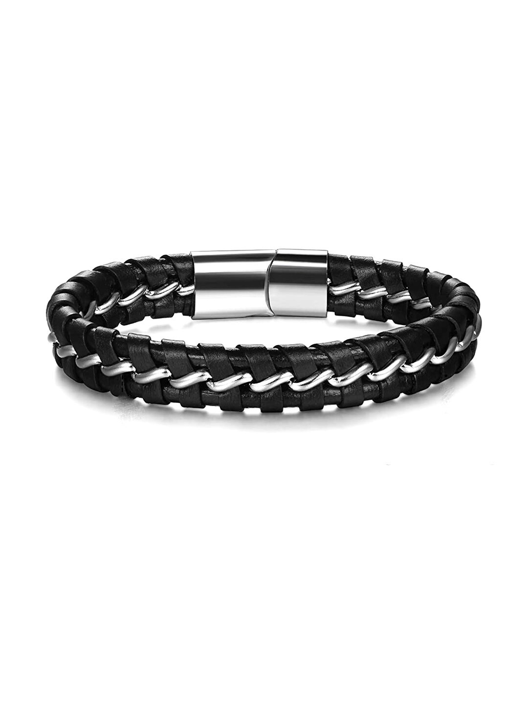 Yellow Chimes Men Silver-Toned & Black Braided Pattern Leather Wraparound Bracelet