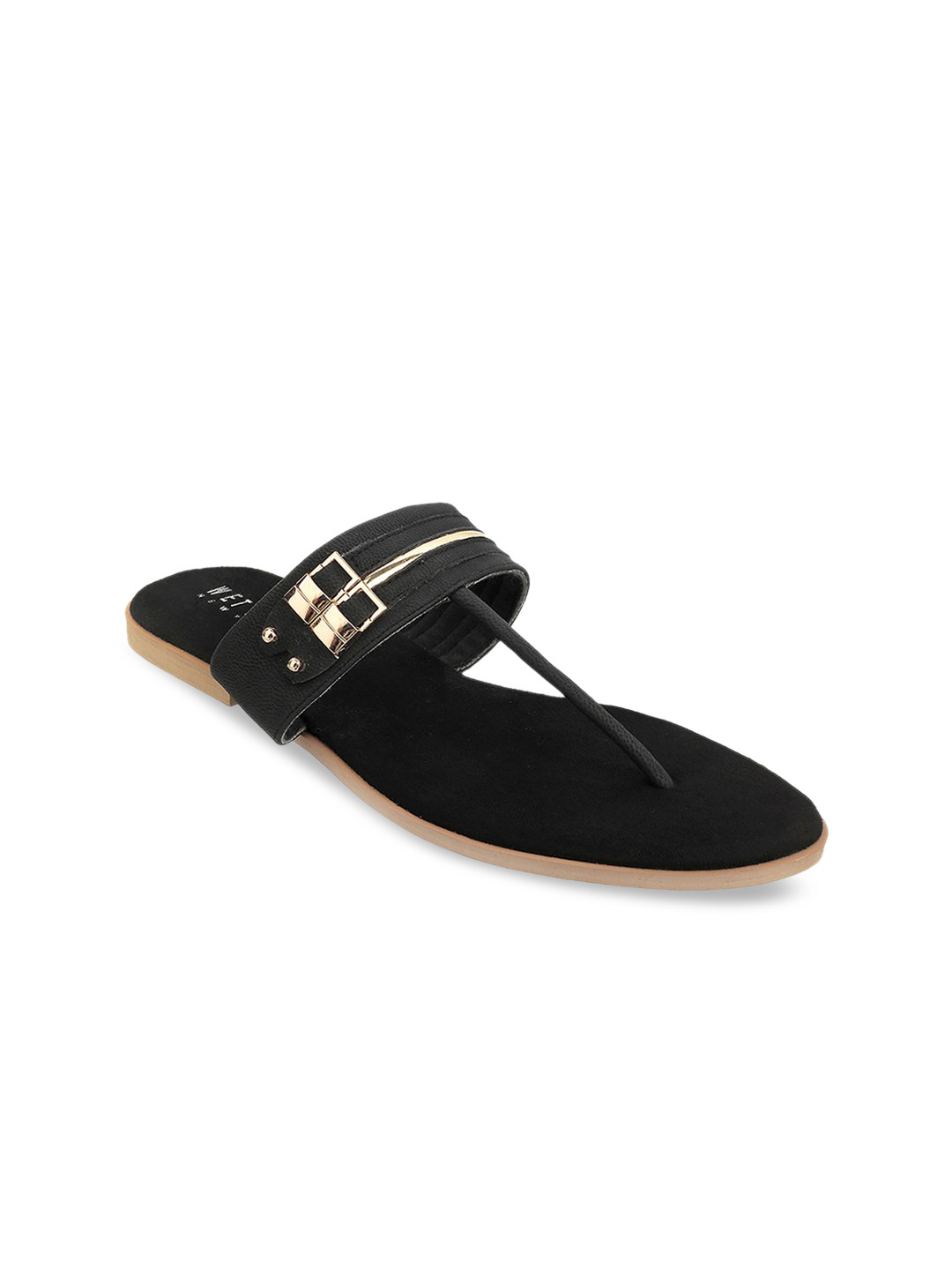 Wet Blue Women Black & Gold-Toned T-Strap Flats with Buckles