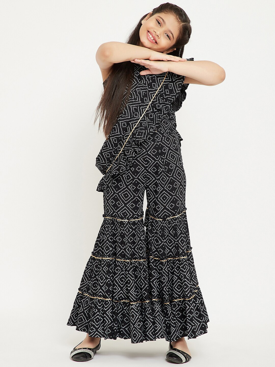 Stylo Bug Girls Black & White Bandhani Printed Pure Cotton Top with Sharara & Dupatta