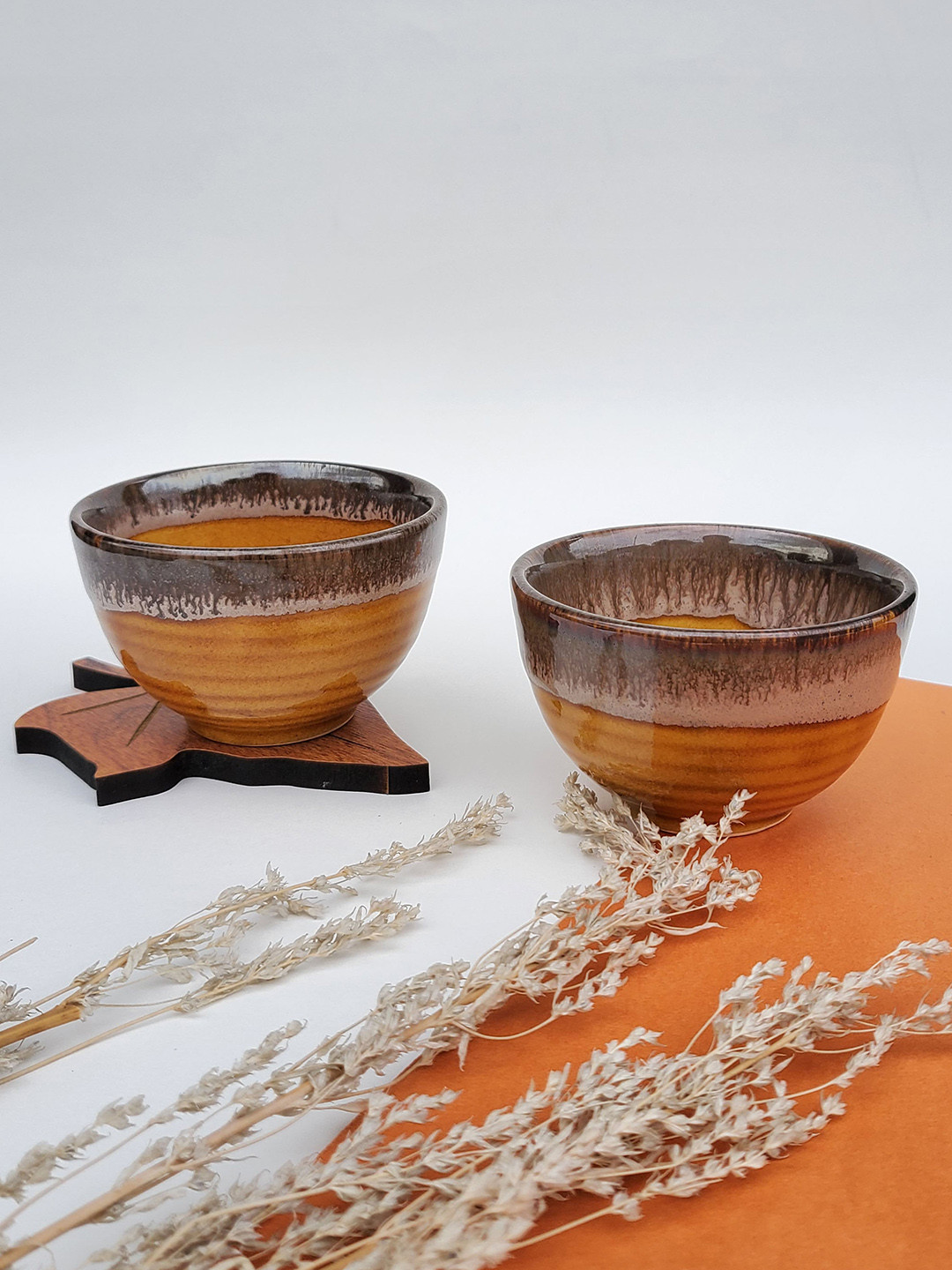 Folkstorys Set Of 2 Orange & Brown Patterned Handmade Serving Bowl