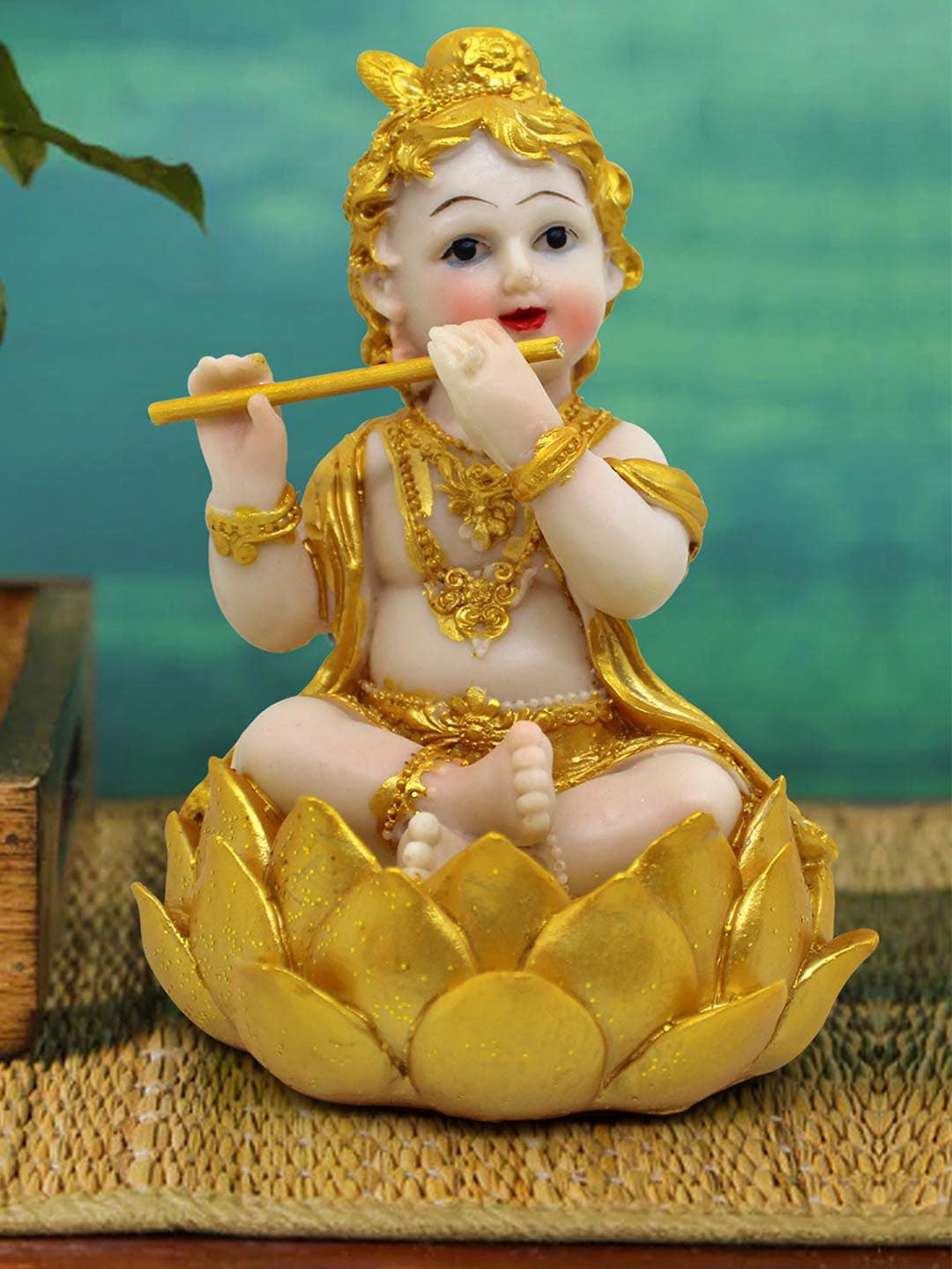 TIED RIBBONS Lord Krishna Beige Polyresin Glossy Living Room Hand-Crafted Medium Showpiece - 5.1 Inches