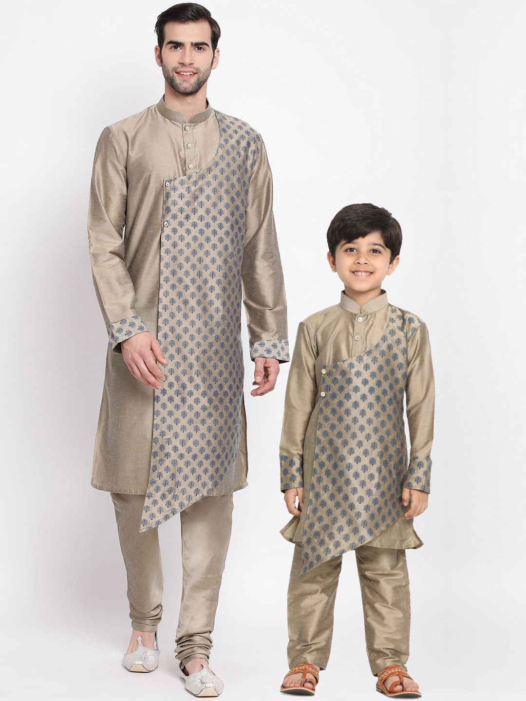 VASTRAMAY Boys Beige Ethnic Motifs Angrakha Style Kurta with Pyjamas