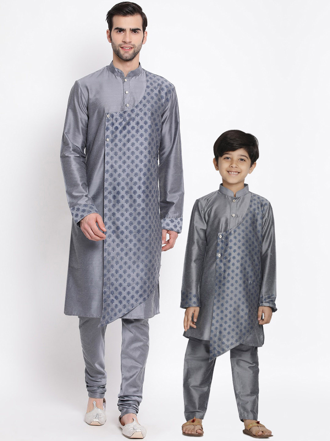 VASTRAMAY Boys Grey Floral Printed Angrakha Kurta with Pyjamas