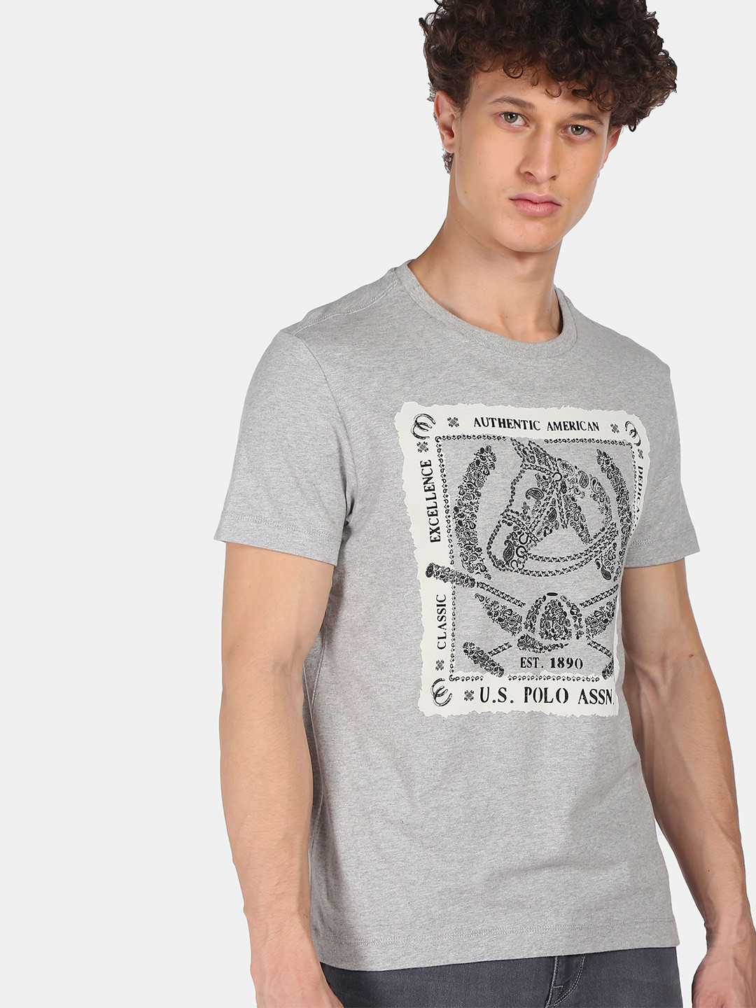 U.S. Polo Assn. Denim Co. Men Grey  lilac Printed Pure Cotton T-shirt