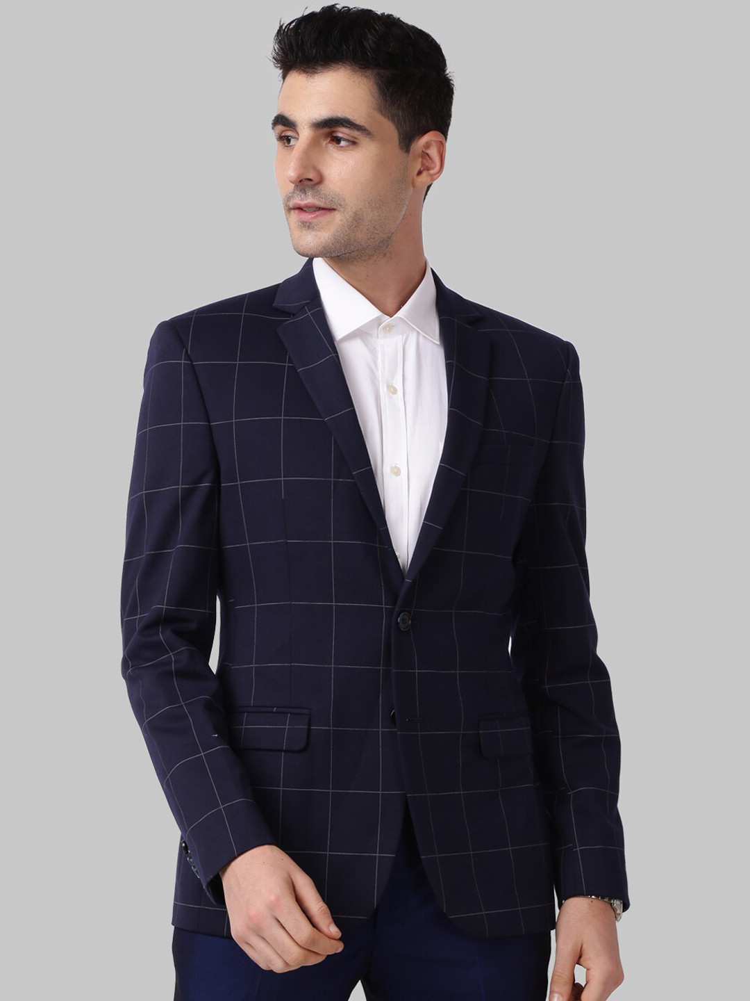 Park Avenue Men Blue & Grey Checked Single-Breasted Formal Blazer