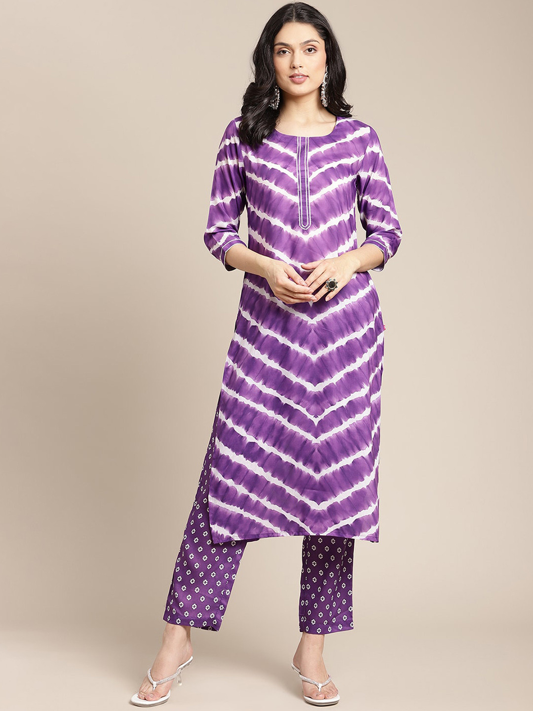 Varanga Women Violet Printed Panelled Kurta with Trousers