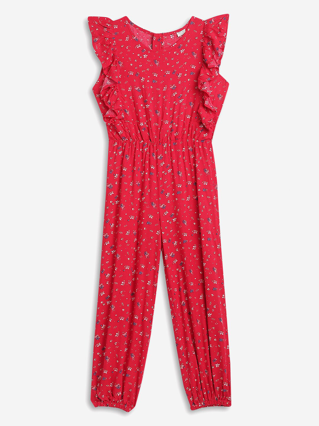Stuffie Land Girls Red Printed Basic Jumpsuit with Ruffles