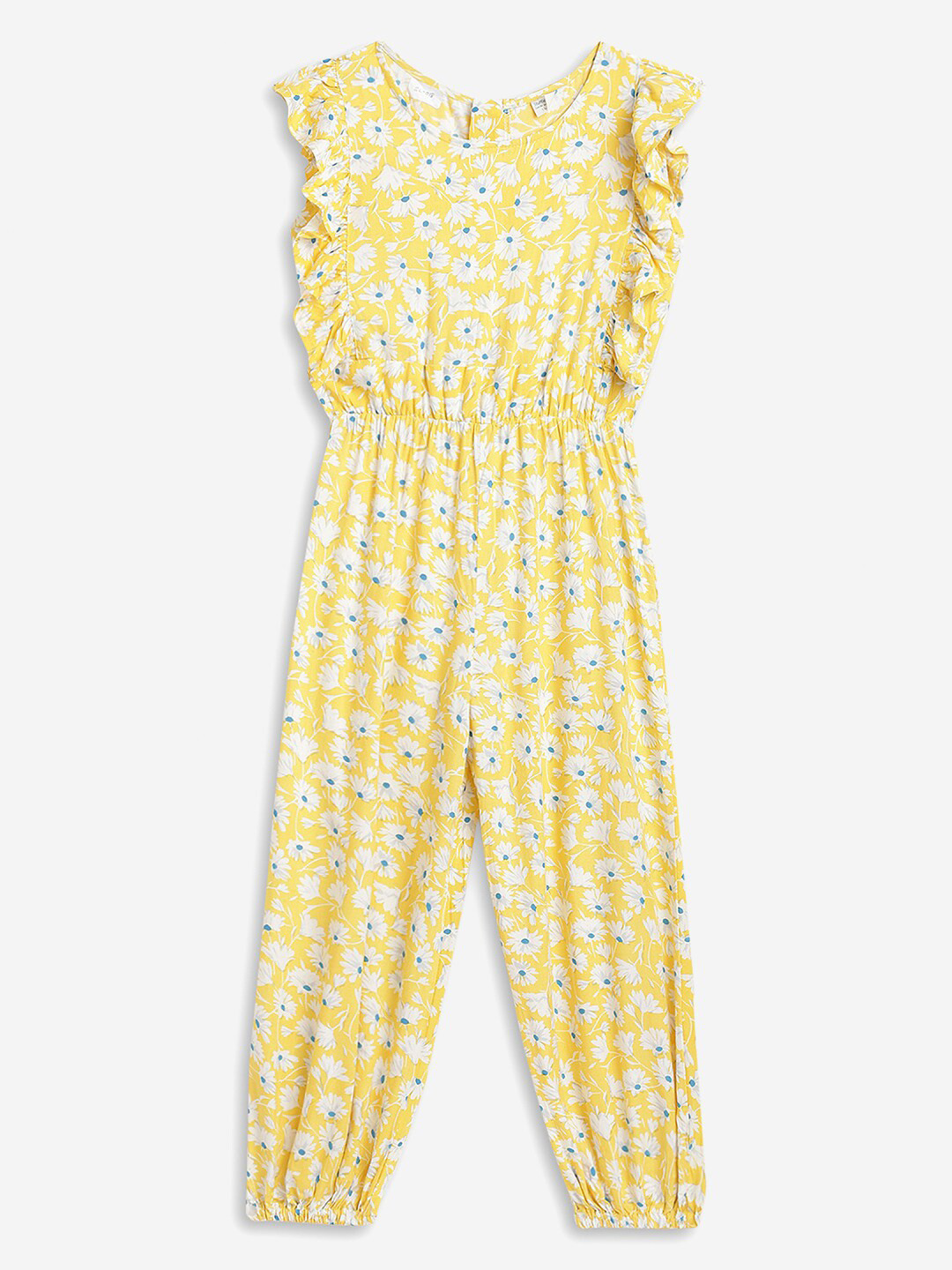 Stuffie Land Girls Yellow & White Floral Printed Basic Jumpsuit With Gathers