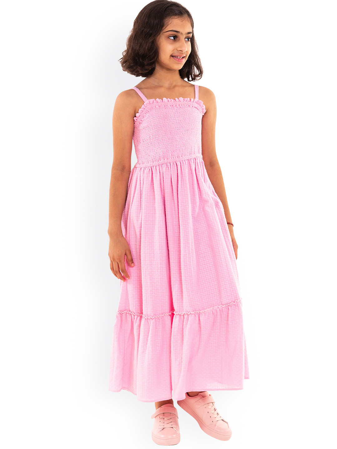 A Little Fable Pink Checked Smocked And Tiered Midi Dress