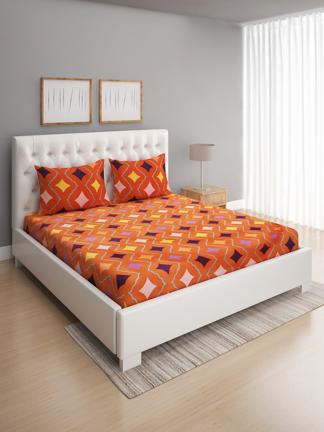 ROMEE Orange & Yellow Geometric 144 TC Microfiber Queen Bedsheet with 2 Pillow Covers