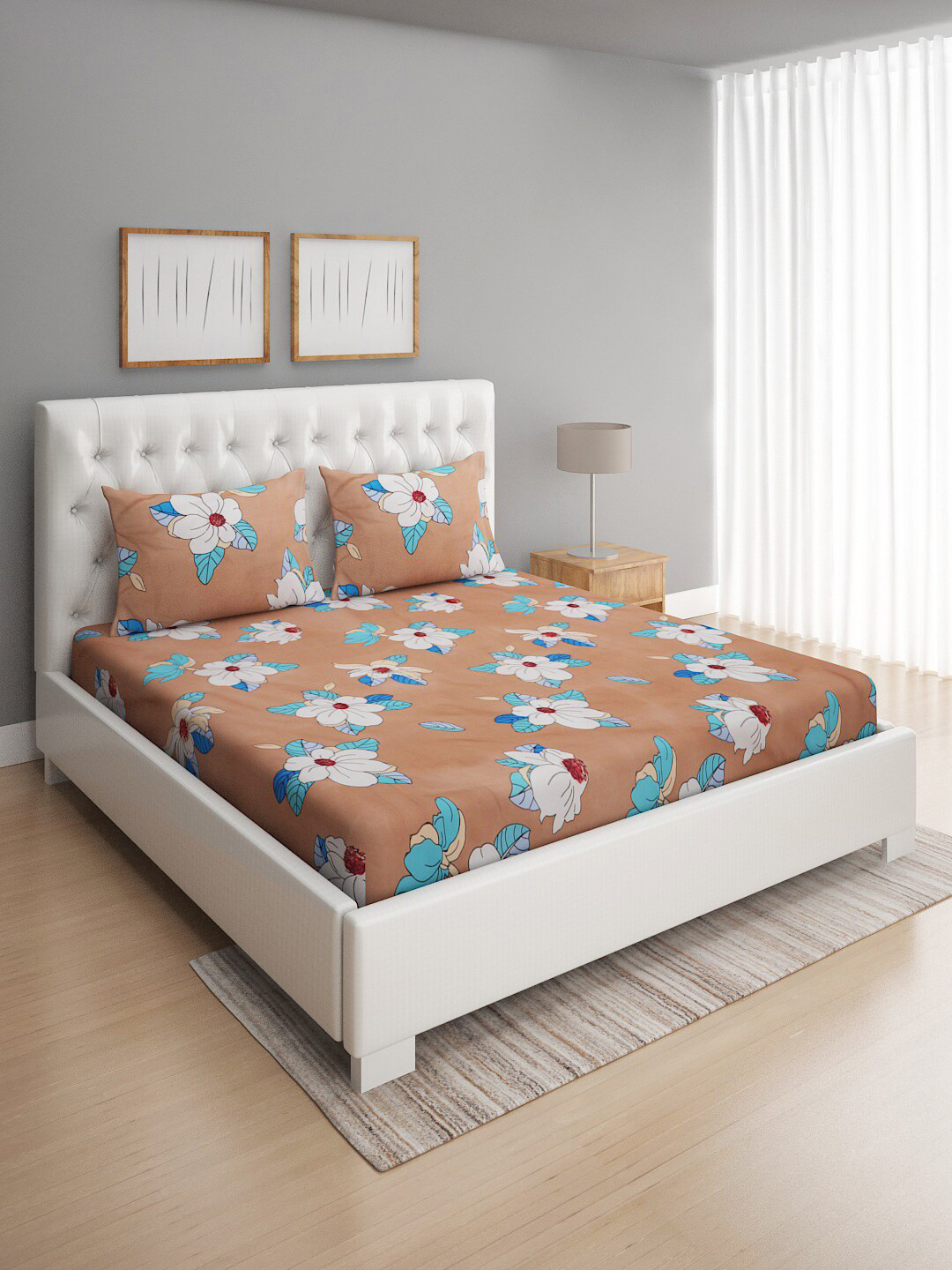 ROMEE Floral Print 144 TC Microfiber Queen Bedsheet with 2 Pillow Covers