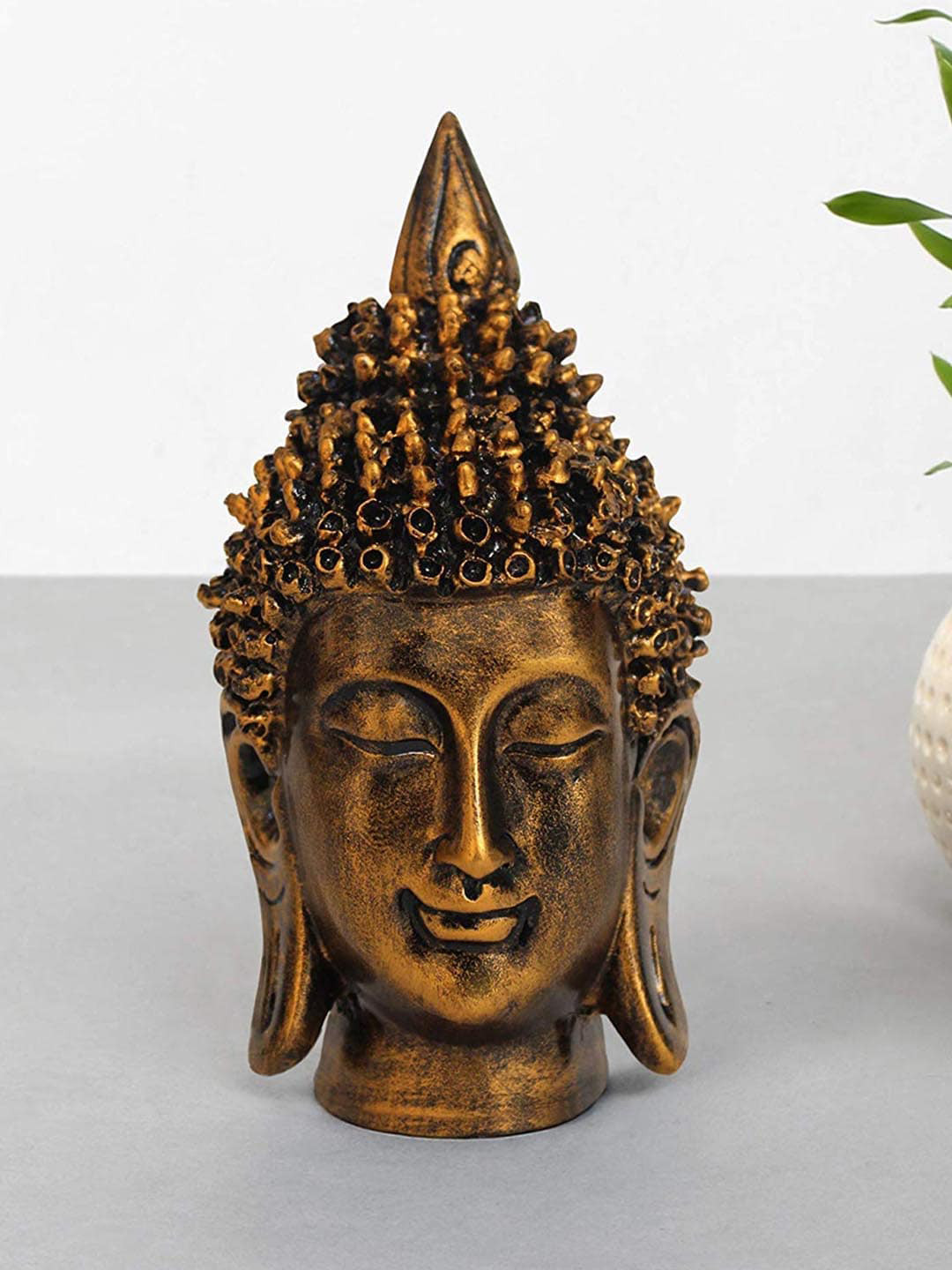 TIED RIBBONS Buddha Head Gold Polyresin Natural Living Room Medium Showpiece - 6.3 Inches