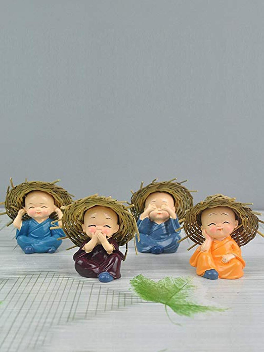 TIED RIBBONS Monk Buddha Beige Polyresin Glossy Home Office Hand-Crafted Set of 4 Tiny Showpieces - 2.8 Inches