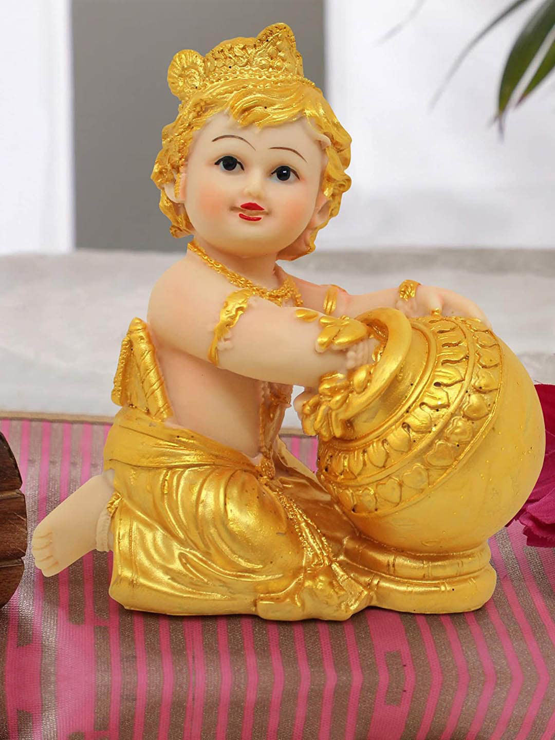 TIED RIBBONS Lord Krishna Makhan Chor Gold Polyresin Natural Prayer Room Hand-Crafted Tiny Showpiece - 5.5 Inches