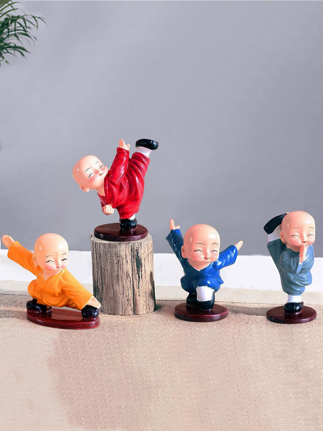 TIED RIBBONS Monk Buddha Red Polyresin Matte Living Room Set of 4 Small Showpieces - 2.9 Inches