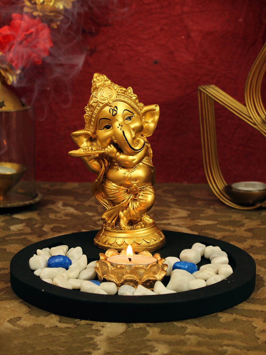 TIED RIBBONS Ganesha with Tray Gold Polyresin Natural Prayer Room Medium Showpiece - 6.3 Inches