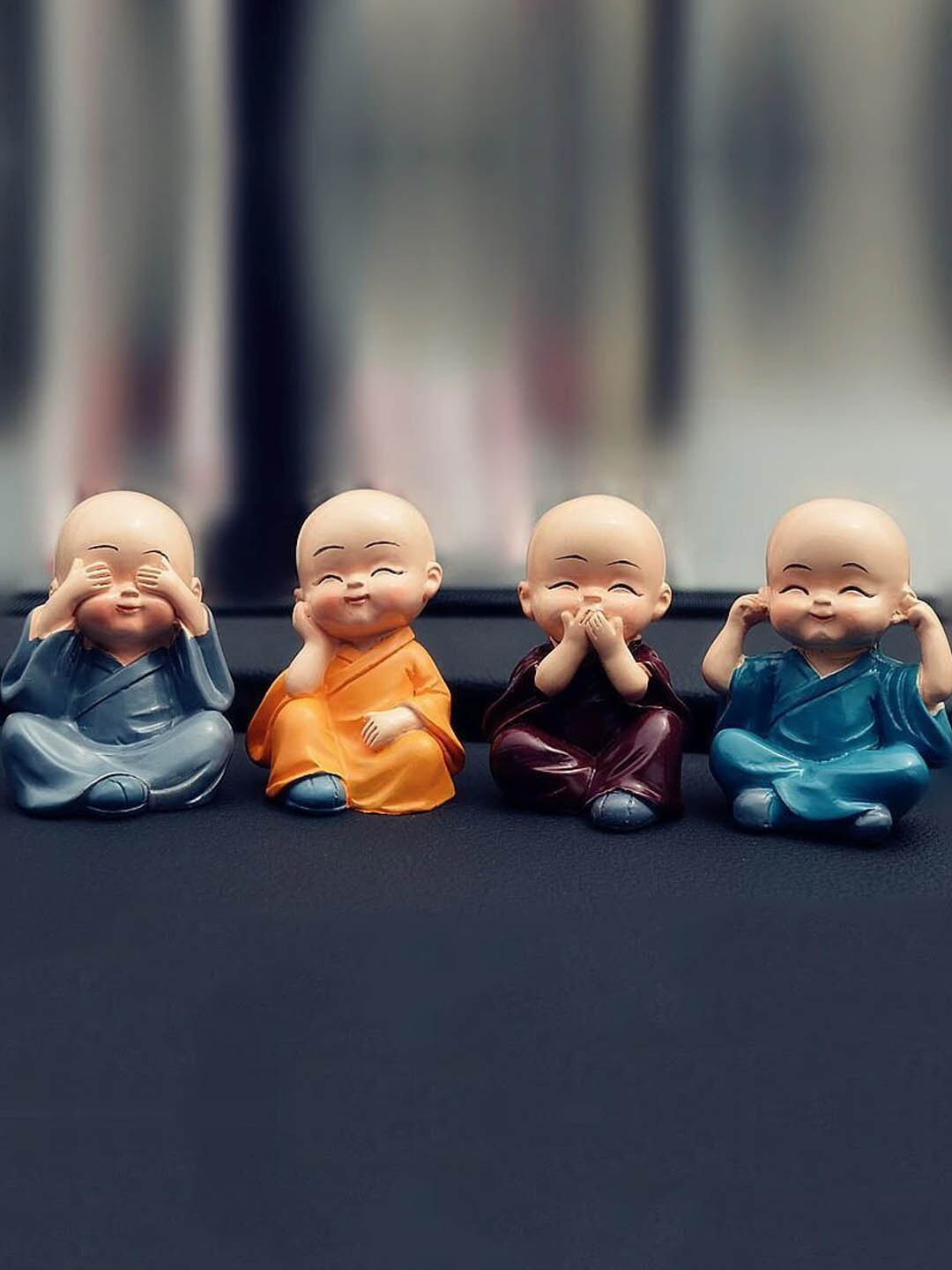 TIED RIBBONS Monk Buddha Yellow Polyresin Glossy Living Room Hand-Crafted Set of 4 Small Showpieces - 2 Inches