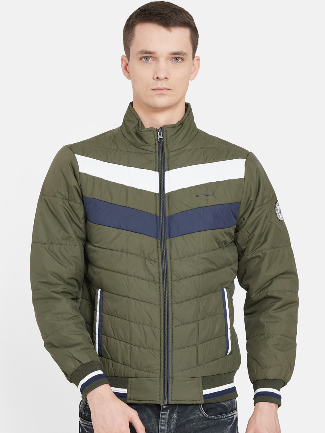 Duke Men Green Striped Bomber Jacket