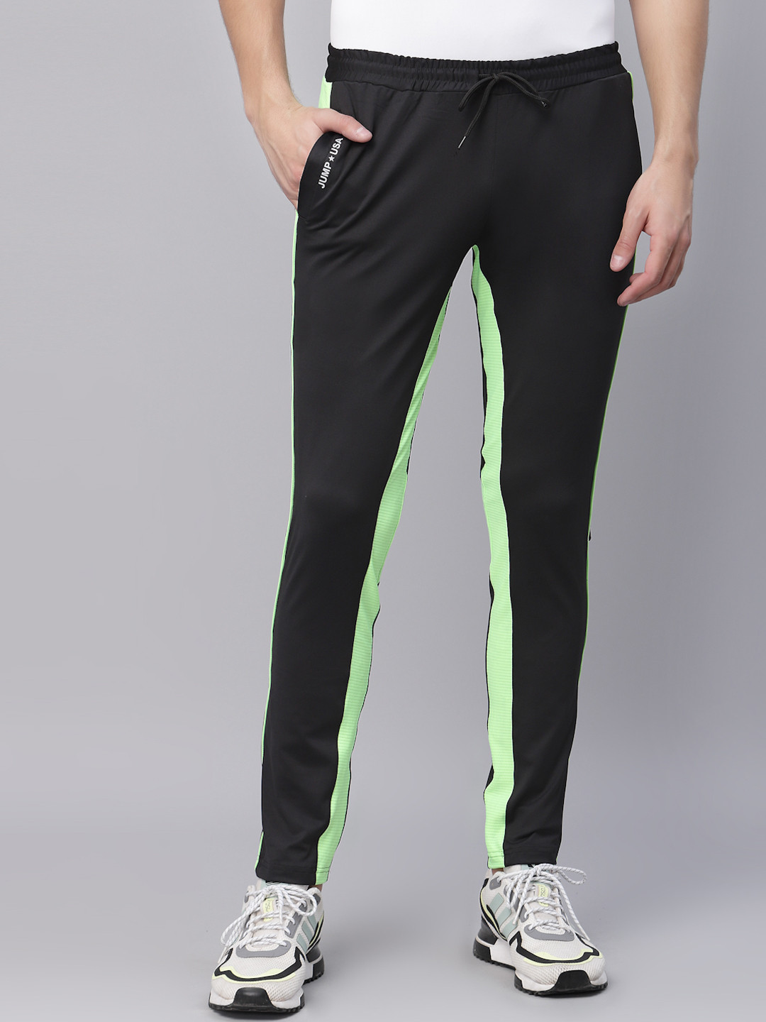 JUMP USA Men Black & Green Colourblocked Slim-Fit Track Pants