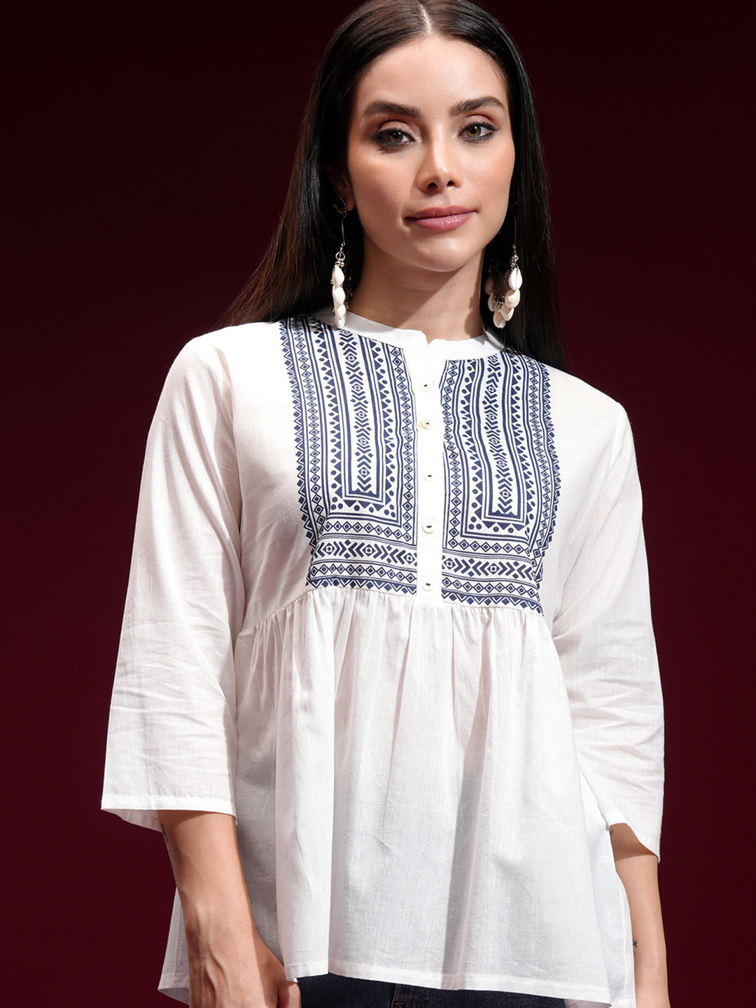 Vishudh Off White & Blue Geometric Printed Mandarin Collar Empire Top