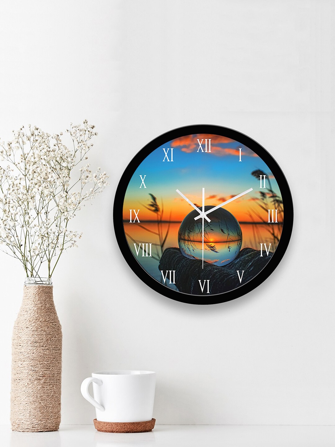 WENS Black Water Waves Printed Analogue Silent Non Ticking Battery Operated Wall Clock