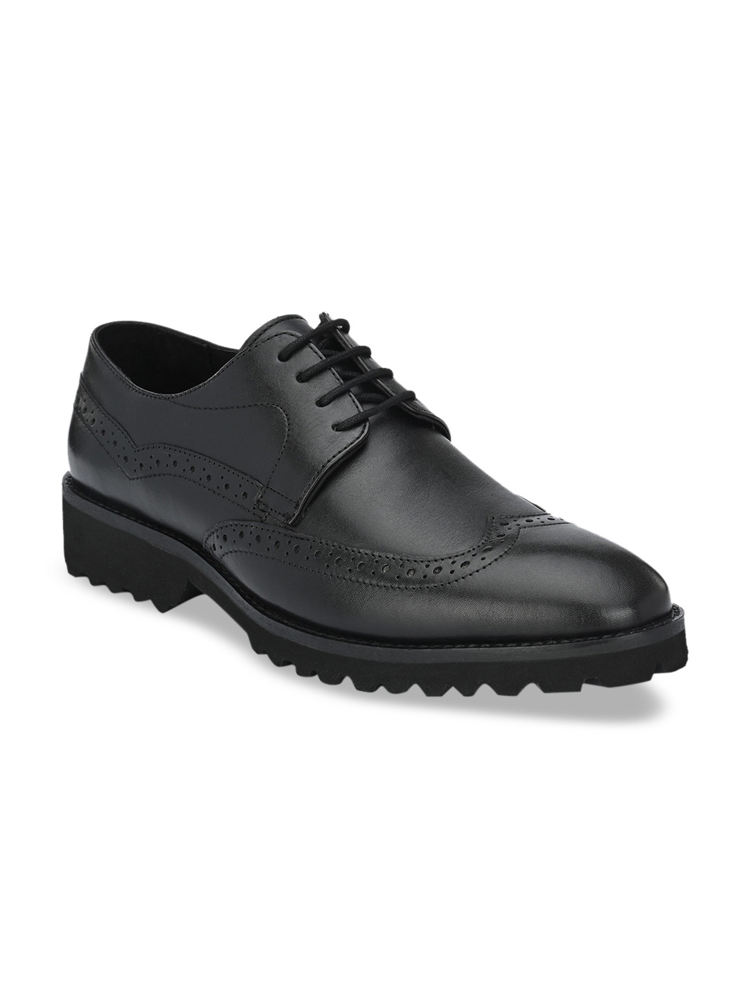 Delize Men Black Solid Leather Formal Derby Brogues