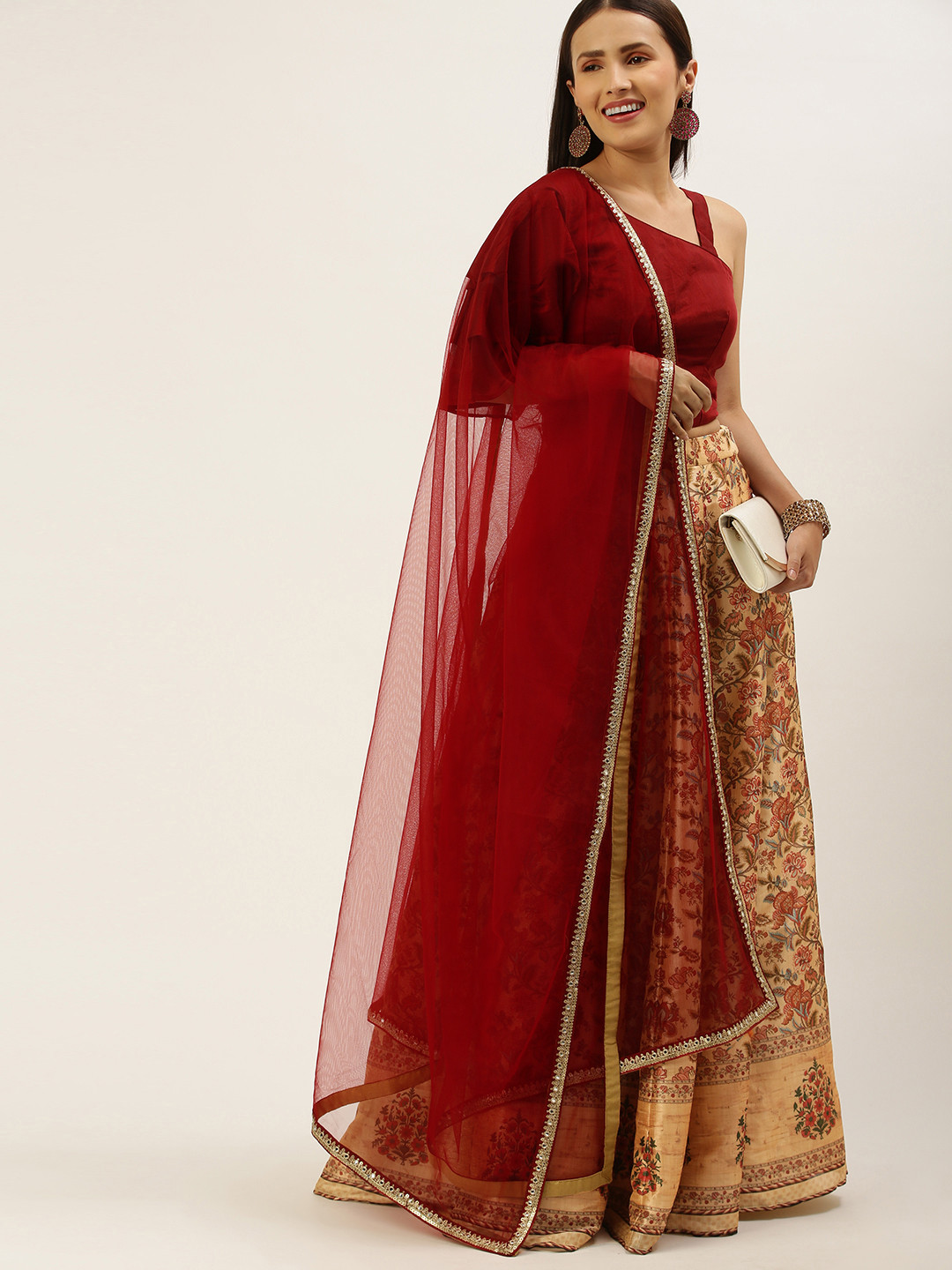 Ethnovog Maroon  Beige Made to Measure Lehenga  Blouse With Dupatta