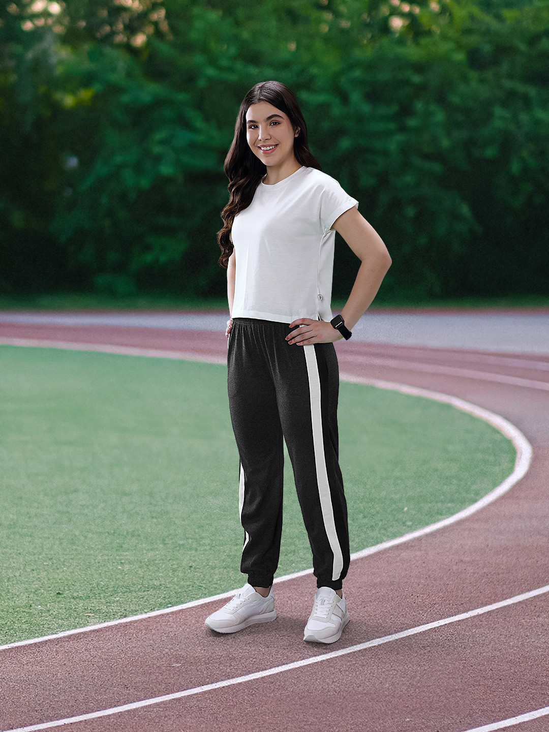 Harvard Women Charcoal Grey Melange Side Striped Cropped Joggers