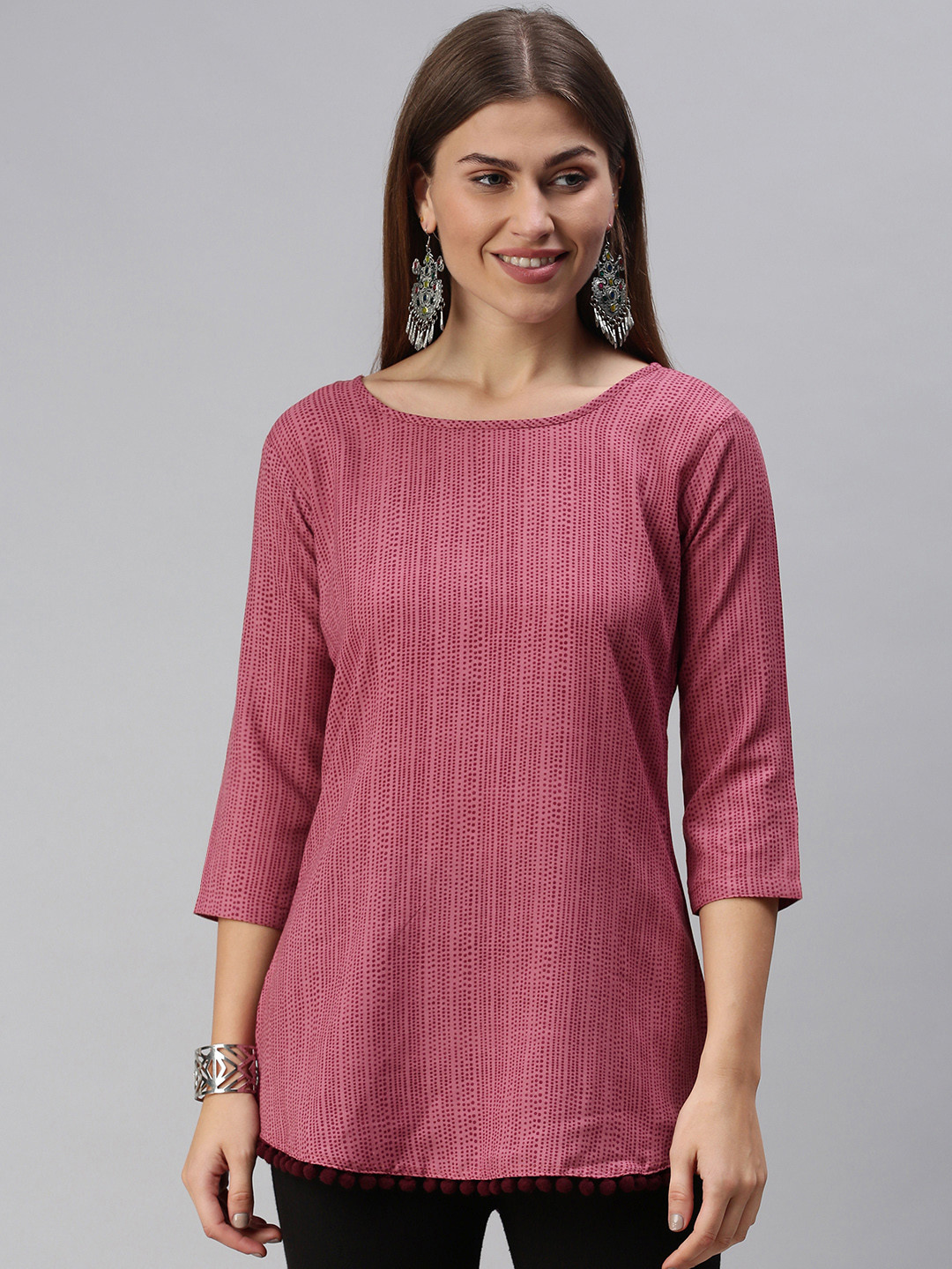 SheWill Magenta Printed Boat Neck Longline Top