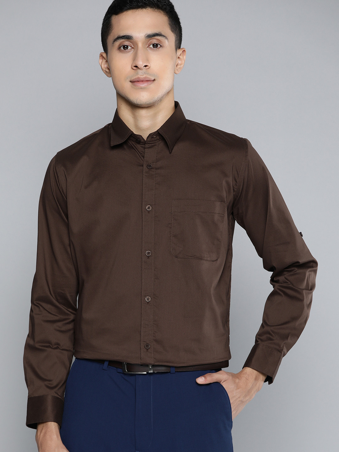 DENNISON Men Brown Solid Smart Slim Fit Stretchable Lycra Formal Shirt