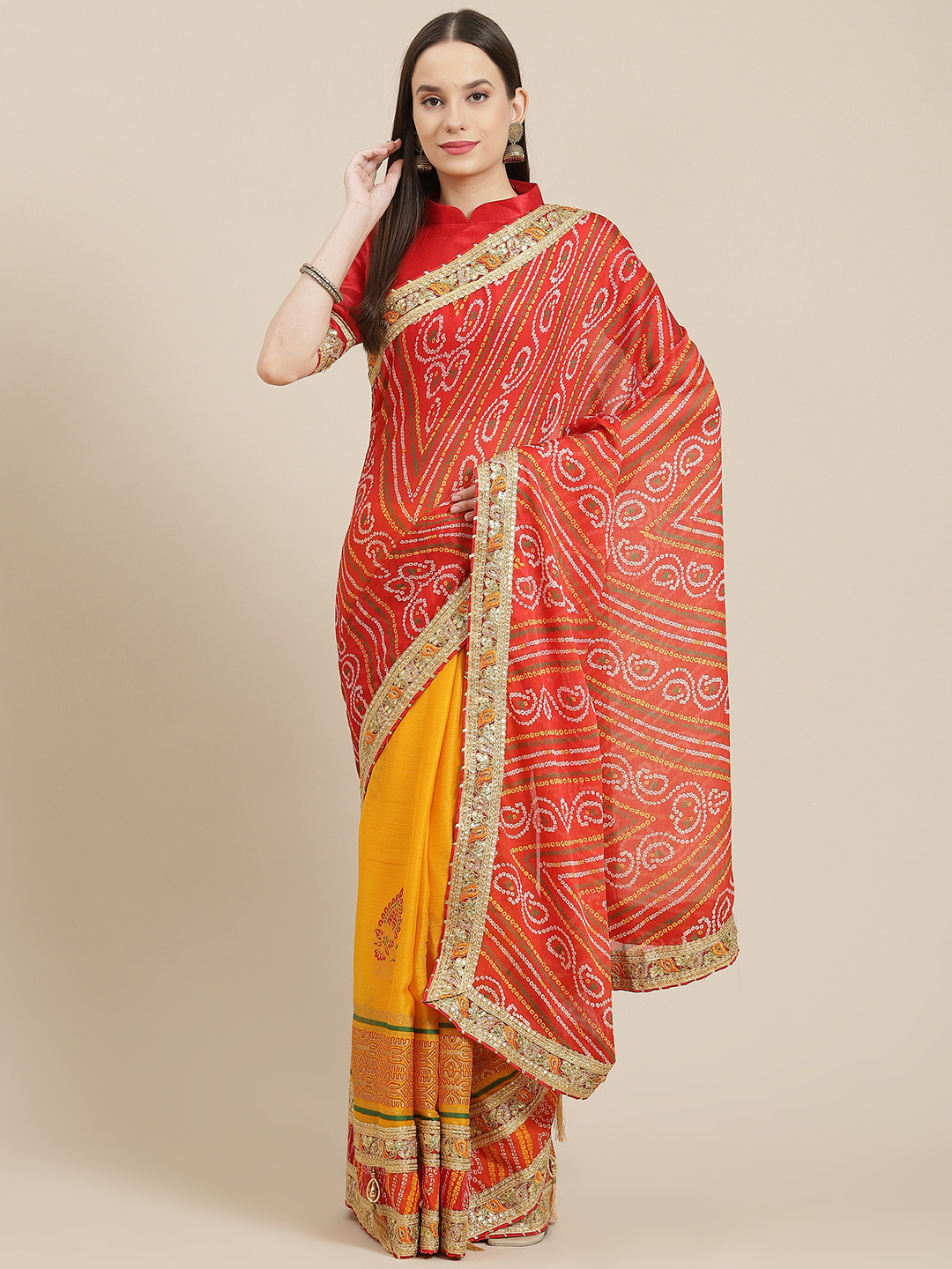Saree mall Red & Mustard Bandhani Half and Half Sarees