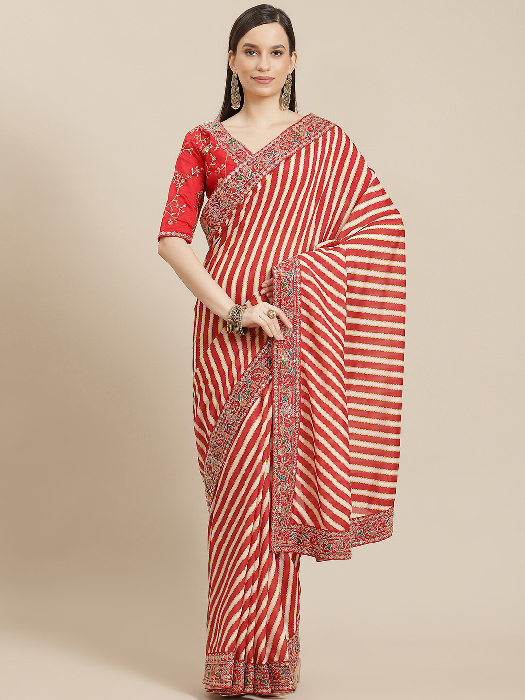 Saree mall Red & Beige Leheriya Embroidered Leheriya Sarees