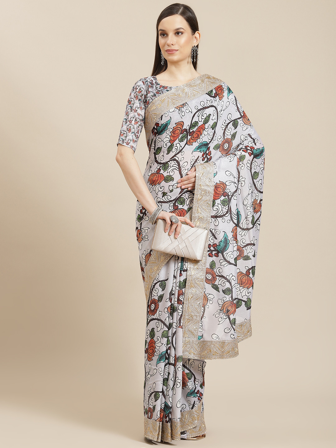 Saree mall Grey & Blue Floral Embroidered Sarees