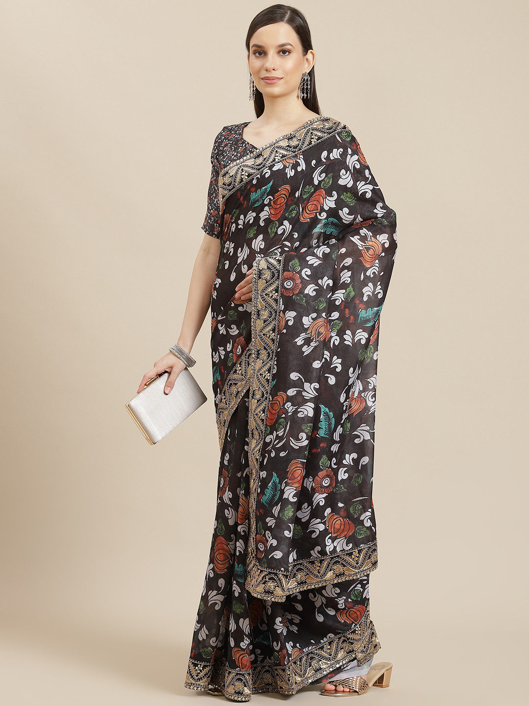 Saree mall Black & Off White Floral Embroidered Sarees