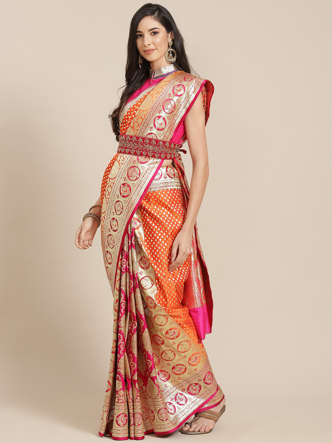 Chhabra 555 Orange & Gold-Toned Ethnic Motifs Zari Silk Blend Banarasi Saree with Belt