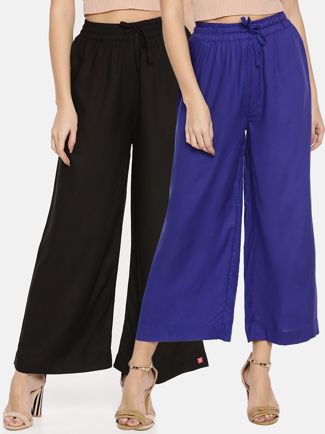 TWIN BIRDS Women Set of 2 Black & Blue Solid Wide Leg Palazzo