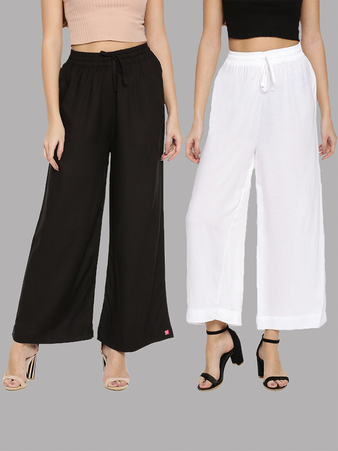 TWIN BIRDS Women Set of 2 Black & White Solid Wide Leg Palazzo