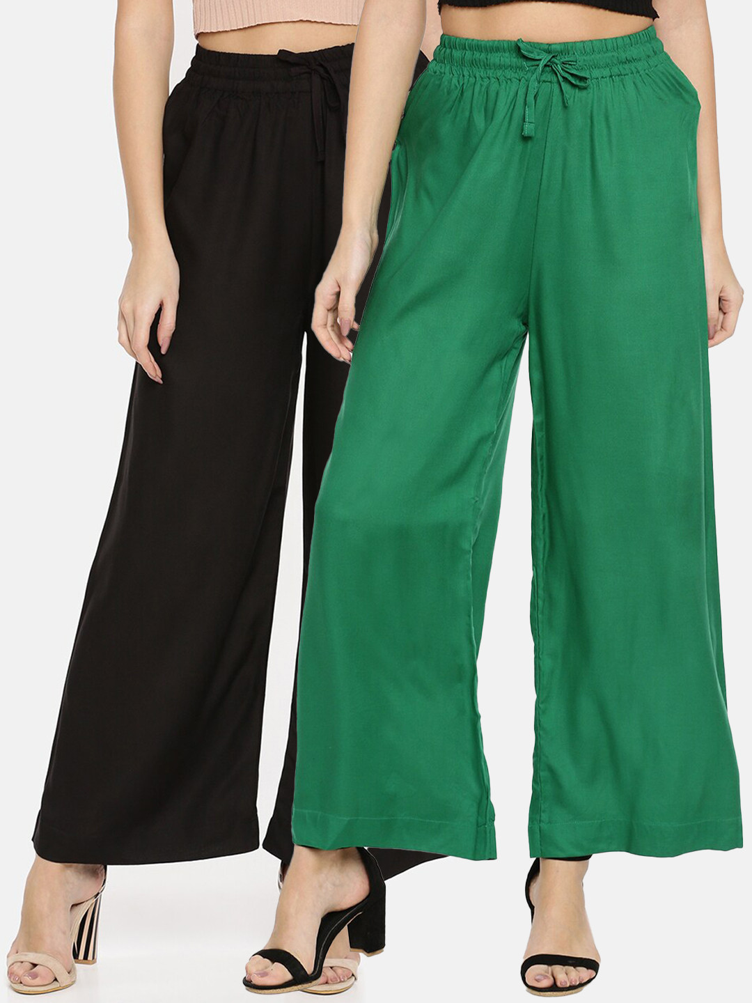 TWIN BIRDS Women Pack of 2 Black & Green Solid Wide Leg Palazzos