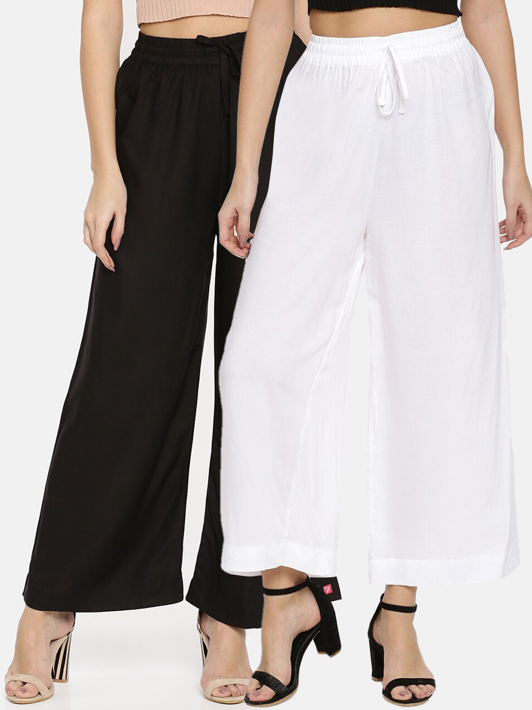 TWIN BIRDS Women Pack Of 2 Black & White Solid Wide Leg Palazzos