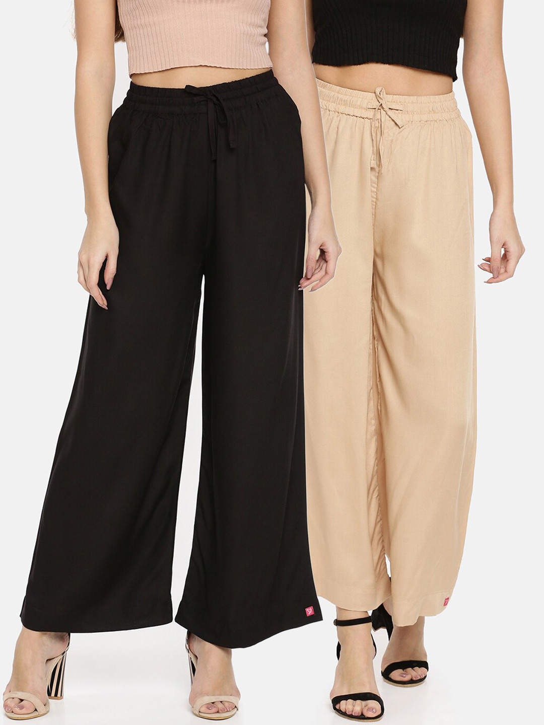 TWIN BIRDS Women Set of 2 Black & Beige Solid Wide Leg Palazzo