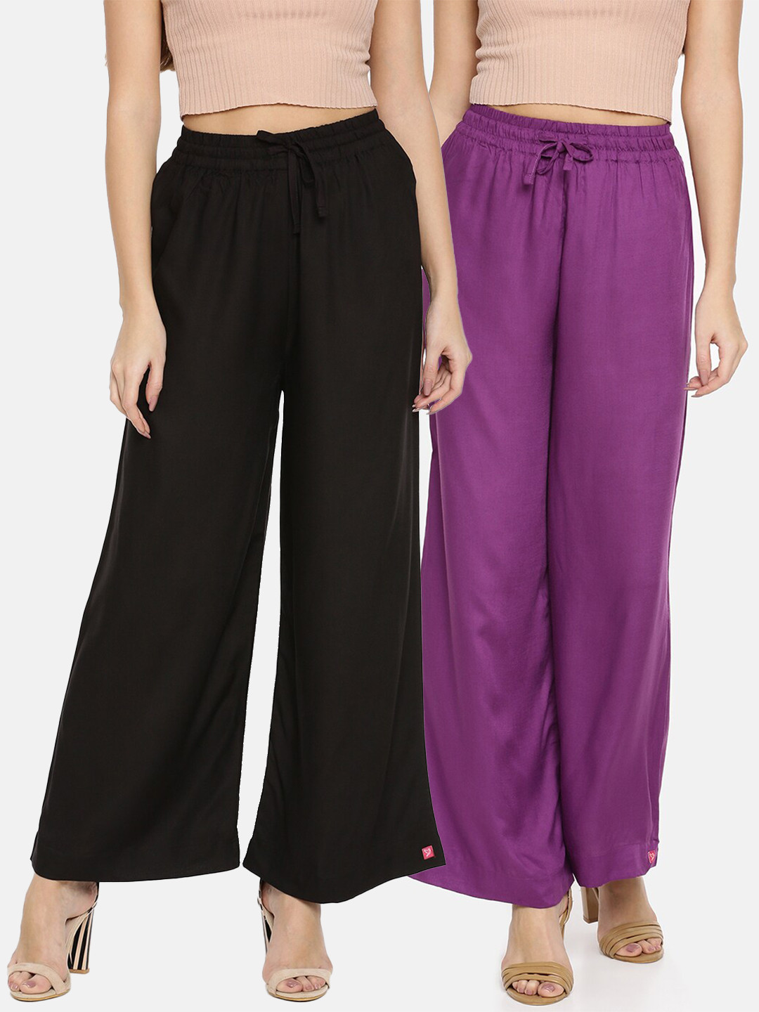 TWIN BIRDS Women Pack of 2 Black & Violet Solid Wide Leg Palazzos