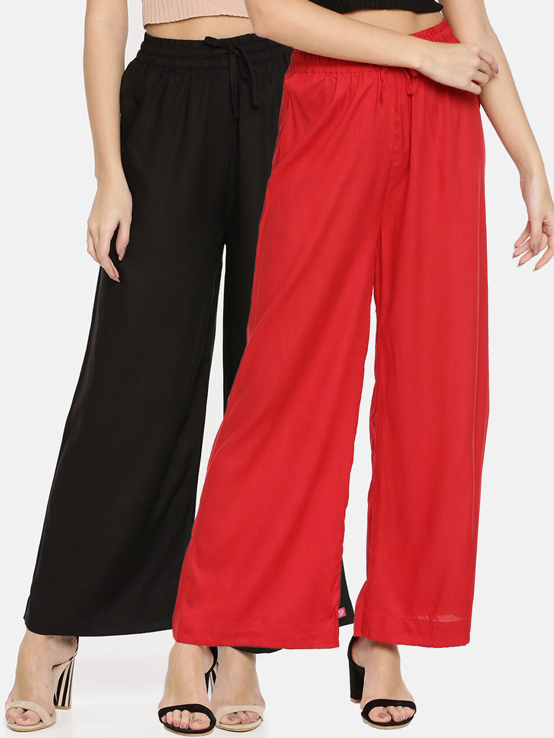TWIN BIRDS Women Set of 2 Red & Black Solid Wide Leg Palazzo