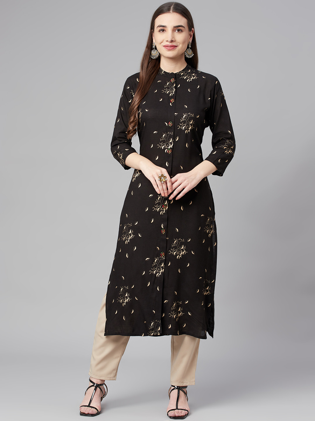 Nehamta Women Black & Gold-Toned Foil Printed Kurta