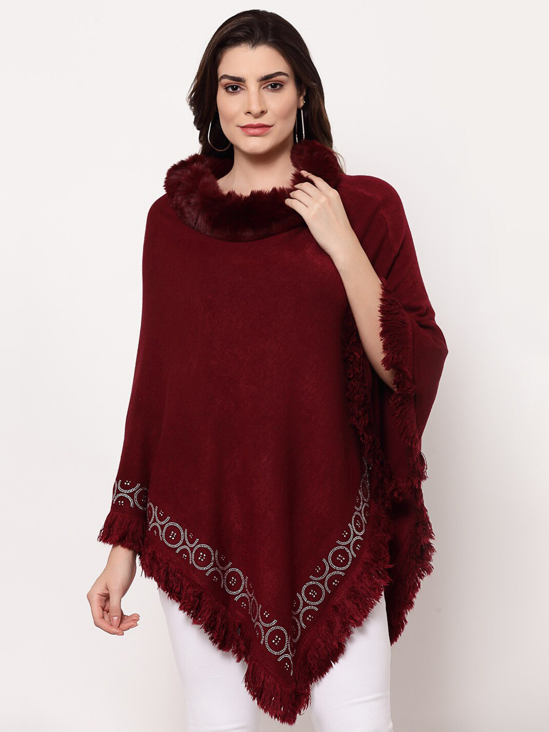 Mafadeny Women Maroon & Silver-Toned Solid Poncho with Fuzzy Detail